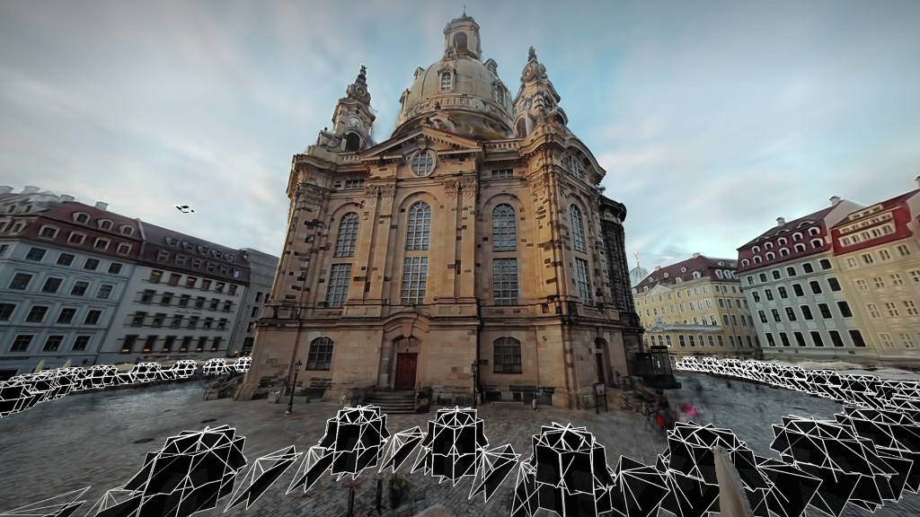 都市景観に3Dワイヤーフレームを重ねたビジュアル